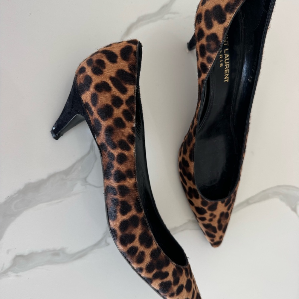 Saint Laurent Brown and Black Leopard Print Heels - Picture 4 of 14